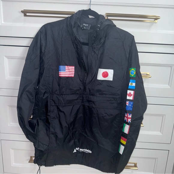 HUF Worldwide Anorak Jacket Black Size Small Flags - Picture 3 of 7